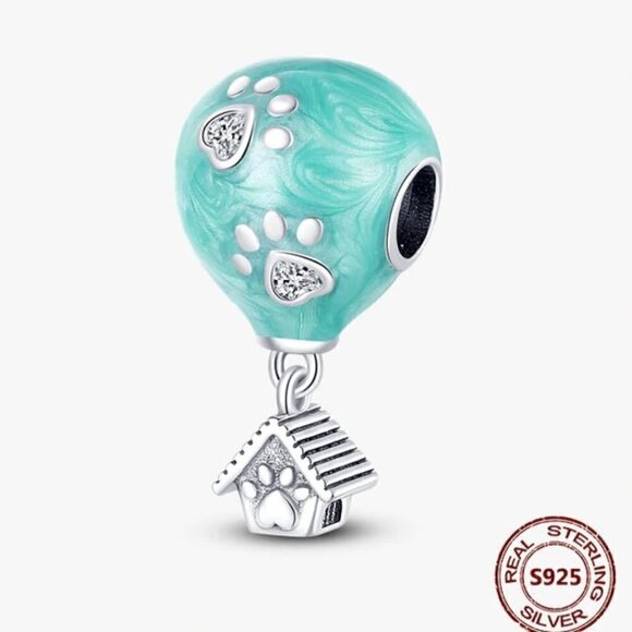 Sterling Silver Dog House with Enamel Hot Air Balloon Dangle Charm - Picture 2 of 11